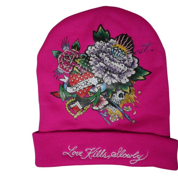Ed Hardy Love Kills Slowly Fuchsia Beanie One Size 164342 - Picture 3 of 8